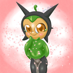 anthro armless black_body blush featureless_crotch female hand_behind_back leaf multicolored_body simple_background solo young izzipurrito nintendo pokemon generation_9_pokemon legendary_pokemon ogerpon pokemon_(species) teal_mask_ogerpon 1:1 absurd_res hi_res tagme
