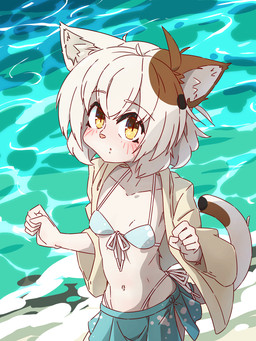 anthro black_body black_fur blinking blush bra breasts brown_body brown_fur clothing female fur inner_ear_fluff looking_at_viewer navel open_mouth outside pattern_clothing small_breasts solo swimwear tail tan_clothing tuft underwear water white_body white_fur yellow_eyes aogitsune_jitto calico_cat domestic_cat felid feline felis mammal 2023 3:4 animated animated_png loop