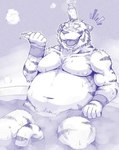 alcohol anthro bathing beverage blush bottle container dish ear_piercing ear_ring fur kemono male moobs nipples overweight overweight_anthro overweight_male piercing ring_piercing sake sake_bottle sake_dish shower showering simple_background solo spring steam water white_body white_fur misokemo felid mammal pantherine tiger