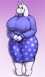 2_horns 3_toes anthro barefoot big_breasts biped bottomwear breasts clothed clothing curvy_figure cute_fangs dotted_background eyelashes eyewear fangs feet female floppy_ears glasses hands_together horn huge_breasts huge_hips huge_thighs lop_ears mature_anthro mature_female overweight overweight_anthro overweight_female pattern_background pink_eyes purple_background round_glasses simple_background skirt smile solo standing sweater teeth thick_thighs three-quarter_view toes topwear turtleneck voluptuous wearing_glasses white_body wide_hips eliphusz deltarune undertale_(series) toriel boss_monster_(undertale) bovid caprine goat mammal 2024 absurd_res digital_drawing_(artwork) digital_media_(artwork) full-length_portrait hi_res portrait