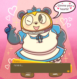 anthro blue_body blue_fur blush clothed clothing crossdressing fur hair male slightly_chubby slightly_chubby_anthro slightly_chubby_male solo text sinribbons atlus megami_tensei persona_(series) persona_4 sega teddie_(persona) bear mammal digital_media_(artwork) english_text