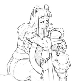 anthro armor axe bangs big_breasts breasts clothing female hair half-closed_eyes inner_ear_fluff long_hair looking_aside melee_weapon monotone_background narrowed_eyes simple_background sitting solo thick_thighs topwear tuft unconvincing_armor weapon white_background wide_hips skecchiart lei_(skecchiart) bear giant_panda mammal 2019 black_and_white digital_drawing_(artwork) digital_media_(artwork) hi_res monochrome sketch