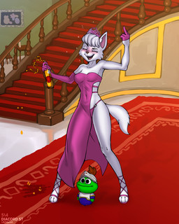 alcohol anthro beverage blush clothed clothing dress drunk female fur gesture hand_gesture inside knight_armor middle_finger palace pink_outfit solo spilled_drink spilling_drink stairs stairwell substance_intoxication thong toy underwear white_body white_fur diacordst paw_patrol sweetie_(paw_patrol) canid canine canis domestic_dog hunting_dog mammal terrier west_highland_white_terrier 2025 4:5 absurd_res hi_res