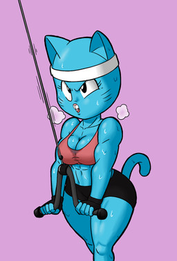 5_fingers abs accessory anthro biceps blue_body blue_fur bodily_fluids bottomwear bra breasts breath cleavage clothed clothing exercise female fingerless_gloves fingers fur gloves gym handwear headband mature_anthro mature_female midriff muscular muscular_anthro muscular_female open_mouth panting shorts simple_background solo spandex spandex_shorts sports_bra standing sweat thick_thighs tight_bottomwear tight_clothing tight_shorts tricep_pushdown underwear whiskers wide_hips workout tansau cartoon_network the_amazing_world_of_gumball nicole_watterson domestic_cat felid feline felis mammal 2018 digital_media_(artwork) hi_res