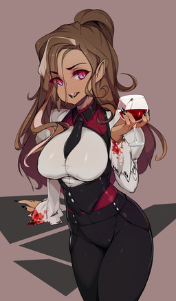 alcohol beverage big_breasts black_lips breasts brown_hair clothed clothing container cup dark_body dark_skin drinking_glass eyebrows eyelashes female glass glass_container glass_cup hair holding_glass holding_object humanoid_pointy_ears lips long_hair necktie not_furry pointy_ears purple_eyes simple_background solo standing wine wine_glass slugbox mammal vampire absurd_res hi_res