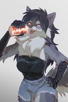 2022 anthro azzai beverage_can black_hair bottomwear breasts canid canine clothed clothing coca-cola dated female food food_fetish forearms hair hand_on_hip hi_res hioshiru_(character) hybrid mammal open_mouth scaled_forearms scales shorts simple_background smile solo suggestive suggestive_food teeth tongue topwear white_background