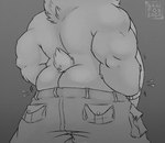 anthro big_butt biped bottomwear butt clothed clothing dressing fur male musclegut muscular pants partially_clothed rear_view sagging simple_background skindentation solo tight_clothing topless skaifox bear mammal 2020 hi_res monochrome