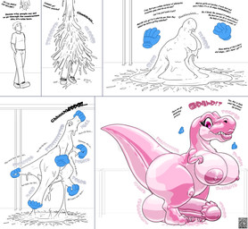 anthro balls big_breasts bottomwear breasts busty_feral clothing dialogue disembodied_hand erection feral footwear gender_transformation genitals goo_transformation group growth gynomorph human_to_anthro intersex lips male mtg_transformation mti_transformation nipples pants penis permanent pink_body qr_code shirt shoes solo_focus species_transformation standing tail tail_growth text thick_lips topwear transformation daniel_kay dinosaur human mammal prehistoric_species reptile saurischian scalie theropod tyrannosaurid tyrannosauroid tyrannosaurus tyrannosaurus_rex 2025 absurd_res comic digital_media_(artwork) english_text hi_res url