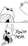 2_horns 2_panel_comic ambiguous_gender biped black_body black_eyes black_text cloak clothing dialogue duo feral horn male mouth_closed open_mouth simple_background standing text white_background white_head skeletorskeletonized hollow_knight team_cherry zote_(hollow_knight) arthropod 2020 5:8 comic digital_media_(artwork) english_text hi_res monochrome