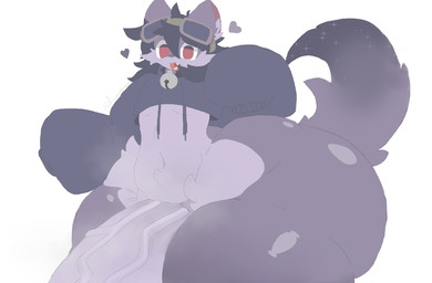 anthro bell bell_collar big_butt big_penis butt collar cropped_hoodie eyewear eyewear_on_head fur genitals goggles goggles_on_head hair heart_symbol huge_butt huge_penis hyper hyper_butt male navel penis purple_body purple_fur purple_hair red_eyes simple_background solo thick_thighs arineverknown taro_(secretaro) domestic_cat felid feline felis mammal hi_res