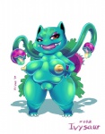 2017 anthro anthrofied areola bodily_fluids breasts claws clitoris digital_media_(artwork) drooling elemental_creature english_text fangs female flora_fauna generation_1_pokemon genitals half-closed_eyes ivysaur looking_at_viewer narrowed_eyes nintendo nipples non-mammal_breasts open_mouth plant pokemon pokemon_(species) pokemorph pussy red_eyes saliva simple_background solo teeth text toe_claws tongue vicioustyrant white_background yellow_areola yellow_nipples yellow_tongue