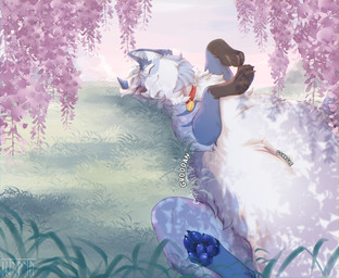 ambiguous_gender belly big_belly black_nose blue_body blue_fur blue_pawpads cloud collar feral flower fur fur_markings gloves_(marking) grass happy lying markings multicolored_body multicolored_fur on_back pawpads pink_flower plant presenting_belly red_collar sky smile solo text white_body white_fur shyryp shiro_(ascithefox) canid canine canis fox mammal absurd_res digital_media_(artwork) english_text hi_res