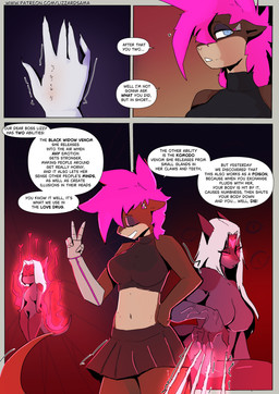 anthro blue_eyes breasts clothing dialogue female female/female glowing glowing_eyes glowing_markings hair markings nude pink_hair poison prosthetic prosthetic_limb red_eyes simple_background text topwear venom lizzard_sama ivy_(lizzard_sama) lizzy_(lizzard_sama) komodo_dragon lizard mammal monitor_lizard mustelid otter reptile scalie absurd_res comic digital_media_(artwork) english_text hi_res url