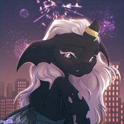 big_eyes black_body black_sclera blue_eyes blush blush_lines fangs female feral fireworks hair horn long_hair looking_at_viewer looking_pleasured night shy smile solo teeth town wings shyryp friendship_is_magic hasbro my_little_pony mythology starlight_vine arthropod changeling_(mlp) equid equine mammal 1:1 digital_media_(artwork) hi_res
