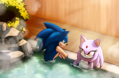 anthro duo eye_contact female green_eyes hair_down hero hot_spring looking_at_another male male/female princess relaxed_expression relaxing romantic romantic_ambiance romantic_couple royalty smile steam towel towel_only undressed water yellow_eyes amndarte sega sonic_the_hedgehog_(series) blaze_the_cat sonic_the_hedgehog domestic_cat eulipotyphlan felid feline felis hedgehog mammal absurd_res hi_res