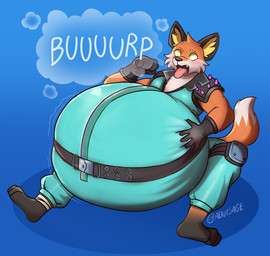 anthro belt burping clothing fur green_clothing hand_on_own_belly inflated_belly inflation male orange_body orange_fur overweight overweight_anthro sitting solo spikes suit tongue tongue_out white_body white_fur yellow_eyes v1sage epic_games fortnite fennix_(fortnite) canid canine fox mammal red_fox true_fox hi_res