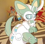 anus balls bed bedroom bedroom_eyes butt feral fur furniture genitals green_body green_hair hair heart_symbol male narrowed_eyes pawpads paws plushie ribbons seductive solo spread_anus spread_butt spreading whiskers white_body white_fur demmy nintendo pokemon eeveelution generation_6_pokemon pokemon_(species) sylveon absurd_res hi_res