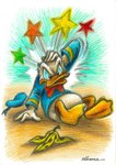 angry anthro banana_peel beak bottomless bow_tie clothed clothing feathers hat headgear headwear male star tail tail_feathers white_body white_feathers joan_vizcarra disney donald_duck anatid anseriform avian bird duck hi_res signature traditional_media_(artwork)