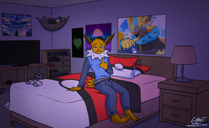 anthro anthrofied bed bed_covers bed_sheet bedding bedroom bedroom_eyes clothing furniture inside looking_at_viewer male narrowed_eyes on_bed pajama_bottoms pajama_pants pajama_shirt pajamas pajamas_only picture_frame pokeball_print poster seductive sitting sitting_on_bed solo synthwave underwear codyf0xx nintendo pokemon fan_character zayden eeveelution generation_1_pokemon generation_7_pokemon jolteon legendary_pokemon pokemon_(species) zeraora film_grain hi_res picture_in_picture