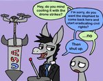 anthro clothed clothing dialogue drone_(vehicle) duo hair humor lever machine male missile political_cartoon politics purple_background simple_background speech_bubble suit text united_states_of_america happyroadkill democrat democrat_donkey don_kennedy asinus donkey equid equine human mammal 2021 comic digital_drawing_(artwork) digital_media_(artwork) english_text flat_colors hi_res