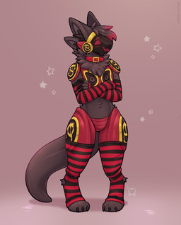 3_toes anthro armor armwear black_body black_claws black_fur blush blush_lines claws clothing collar crossed_arms feet fur inner_ear_fluff legwear machine male multi_ear pattern_armwear pattern_clothing pattern_legwear pattern_stockings paws protogen_armor protogen_visor red_armor red_collar solo standing stockings striped_armwear striped_clothing striped_legwear striped_stockings stripes tail thick_tail toes tuft fleurfurr protogen colored digital_drawing_(artwork) digital_media_(artwork) hi_res shaded