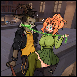 2_horns 5_fingers absolute_territory alternative_fashion anthro baseball_bat bat_(object) big_breasts black_border border bracelet breasts brown_body brown_fur clothed clothing collar countershade_face countershade_torso countershading dominant dominant_female dominant_human dress duo ear_piercing embarrassed eyelashes eyelashes_through_hair eyewear female female_dominating_male female_human female_on_anthro fingers flustered fur furgonomic_piercing furgonomics glasses glistening glistening_clothing glowing_collar glowing_leash green_clothing green_dress green_eyes green_sweater green_topwear hair head_horn holding_bat horizontal_pupils horn horn_piercing human_dominating_anthro human_on_anthro interspecies jewelry leash leash_pull looking_aside looking_at_another looking_at_partner looking_away magic magic_collar magic_leash male male/female male_anthro nerd on_lap orange_hair padlock_necklace piercing playful punk pupils red_eyewear red_glasses round_glasses screencap screencap_background shirt sitting_on_lap slim_anthro slim_female slim_human slim_male smile snout spiked_bracelet spiked_collar spikes squish submissive submissive_anthro submissive_male sweater tan_body tan_countershading teasing text thigh_squish tight_clothing tongue tongue_out topwear translucent translucent_hair wearing_glasses winking_at_partner yellow_clothing yellow_sclera yellow_shirt yellow_topwear spesssmutcentral deadlock_(game) valve billy_(deadlock) paige_(deadlock) bovid caprine goat human mammal 1:1 2026 absurd_res digital_drawing_(artwork) digital_media_(artwork) english_description english_text hi_res portrait signature smaller_version_at_source three-quarter_portrait
