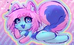 2019 anthro blue_body blue_eyes blue_fur breasts canid canine canis chibi colorful_theme domestic_dog eyelashes feet female fluffy fluffy_hair fluffy_tail fur hair handpaw heart_eyes heart_symbol husky kolae kolae_(character) lying mammal nordic_sled_dog on_side open_mouth open_smile pastel_theme paws pink_hair rainbow scene_haircut smile solo spitz tail