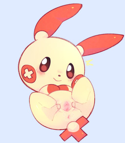anthro anthro_focus anus blue_background blush chibi duo emanata female female_anthro female_focus flash_emanata genitals interspecies long_ears looking_at_viewer pokephilia simple_background solo_focus spread_legs spread_vulva spreading tail vulva kirichiiii nintendo pokemon generation_3_pokemon human mammal plusle pokemon_(species)
