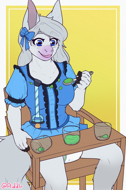 abdl ageplay anthro blue_clothing blue_eyes blue_topwear clothed clothing cutlery diaper eating eyelashes female female_anthro front_view fur glistening glistening_eyes grey_hair hair high_chair holding_spoon horizontal_pupils infantilism kitchen_utensils open_mouth open_smile pacifier pupils roleplay short_hair sitting smile solo spoon tools topwear wearing_diaper white_body white_diaper white_fur riddlr equid equine horse mammal hi_res