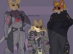 anthro armor evil_look family family_photo female group male text trio weapon drawing_trans cleo_j_flynn nick_flynn_(bigppfox1) canid canine fox mammal english_text hi_res