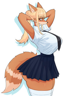 anthro big_breasts biped blonde_hair bottomwear breasts clothing eyelashes female fluffy fluffy_tail hair hands_behind_head legwear miniskirt necktie pupils red_eyes side_butt side_view skirt solo tail thick_thighs thigh_highs kinhey canid canine mammal absurd_res hi_res