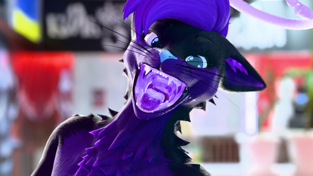 anthro black_body black_fur blue_eyes blue_nose blurred_background chest_tuft close-up detailed_mouth eyebrows fangs femboy fur glowing glowing_mouth hair halo happy male mall mouth_shot multicolored_body open_mouth purple_body purple_fur purple_hair purple_mouth smug solo sparkles teeth throat tongue tuft two_tone_body vore_tease kitsunaki_(artist) kitsunaki canid canine fox mammal rexouium 16:9 2026 3d_(artwork) blender_(artwork) digital_media_(artwork) headshot_portrait hi_res portrait shaded widescreen