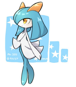 2_horns ambiguous_gender biped blue_body blue_hair clothing dress featureless_legs hair hand_on_chest head_spikes horn orange_eyes pseudo_clothing pseudo_hair side_view solo spikes spikes_(anatomy) standing yakiniku628 nintendo pokemon generation_3_pokemon humanoid kirlia pokemon_(species) shiny_pokemon