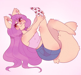 2_toes 4_fingers anthro bangs blue_bottomwear blue_clothing blue_shorts blush blush_lines bottomwear breasts cheek_tuft closed_smile clothed clothed_anthro clothed_female clothing crop_top dressing_self ear_piercing ear_ring eye_through_hair eyebrow_through_hair eyebrows eyelashes eyelashes_through_hair facial_tuft feet female female_anthro fingers fluffy fluffy_ears fluffy_tail footwear fully_clothed fully_clothed_anthro fully_clothed_female fur gold_(metal) gold_ear_ring gradient_background hair inner_ear_fluff knee_tuft leg_tuft legs_up legwear light long_hair midriff mouth_closed orange_eyes pattern_clothing pattern_legwear pattern_socks piercing pink_inner_ear pink_nose pockets purple_clothing purple_crop_top purple_eyebrows purple_hair purple_shirt purple_topwear ring_piercing shirt shorts simple_background sitting small_breasts smile smiling_at_viewer socks solo straight_arms straight_leg tail tan_body tan_fur tan_tail text toes topwear translucent translucent_hair tuft white_clothing white_footwear white_inner_ear_fluff white_socks suzeart mina_(suzeart) domestic_cat felid feline felis mammal 15:14 2025 artist_name colored digital_drawing_(artwork) digital_media_(artwork) english_description hi_res lighting shaded