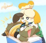 anthro backwards_hat blush bottomwear bottomwear_down brown_body brown_fur buckteeth butt butt_slap clothed clothing duo female female_spanking_male fur hat headgear headwear male pants pants_down partially_clothed slap spanking teeth yellow_body yellow_fur mizu_(pixiv) animal_crossing nintendo c.j._(animal_crossing) isabelle_(animal_crossing) beaver canid canine canis domestic_dog mammal rodent toy_dog