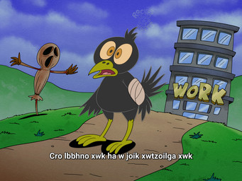 ambiguous_gender anthro bandage beak black_body black_feathers breaking_the_fourth_wall building feathers grass parody plant scarecrow semi-anthro solo text rockosedits catastrophe_crow_64 creepypasta nickelodeon rocko's_modern_life avian bird corvid corvus_(genus) crow oscine passerine 4:3 english_text translated female_(lore)