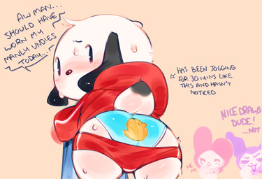 ambiguous_anthro ambiguous_gender anthro black_ears black_tail_tip blue_clothing blue_underwear blush bodily_fluids bottomwear bottomwear_down clothed clothed_ambiguous clothed_anthro clothing dialogue dipstick_tail directional_arrow embarrassed floppy_ears group head_tuft hoodie looking_back markings mouthless oblivious pants pants_down partial_speech_bubble partially_clothed partially_clothed_ambiguous partially_clothed_anthro red_bottomwear red_clothing red_hoodie red_shorts red_topwear scut_tail short_tail shorts simple_background simple_eyes solo_focus sweat sweatdrop tail tail_markings talking_to_another tan_background teasing text topwear trio tuft two_tone_tail underwear white_body young young_ambiguous young_anthro ligma_(artist) onegai_my_melody sanrio kuromi my_melody pochacco canid canine canis domestic_dog lagomorph leporid mammal rabbit 2025 archived_source digital_drawing_(artwork) digital_media_(artwork) handwritten_text hi_res shaded female_(lore) male_(lore)