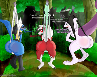 anthro ballbusting big_butt blush bulge butt butt_slap clothed clothing cock_and_ball_torture embarrassed forest genital_torture group hanging_wedgie humiliation looking_at_another male outside plant rear_view slap spank_marks spanking text thick_thighs tree underwear wedgie charliethesillydeer nintendo pokemon canid canine generation_1_pokemon generation_4_pokemon generation_5_pokemon generation_7_pokemon legendary_pokemon lucario lycanroc mammal mewtwo midnight_lycanroc pokemon_(species) zoroark absurd_res english_text hi_res story_at_source