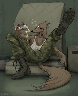 alcohol anthro armpit_hair armpit_tuft beer beverage beverage_can body_hair boots bulge camo camo_clothing camo_print chest_hair clothing combat_boots floppy_ears fluffy fluffy_chest footwear male pattern_clothing shoes solo spread_legs spreading iziks iziks_(character) canid canine canis domestic_dog mammal hi_res