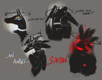 anthro cross eyes_closed fangs feathered_wings feathers grey_background grin halo head_wings horn looking_at_viewer male multi_eye muscular muscular_anthro muscular_male nipples nude red_eyes red_nipples simple_background smile solo teeth unusual_wing_placement wings seraphictiger species_request hi_res restricted_palette
