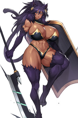 abs big_breasts blue_eyes breasts cleavage clothed clothing deltoids female hair huge_breasts melee_weapon muscular muscular_female purple_hair shield solo tan_body tan_skin thick_thighs weapon gurimjang animal_humanoid cat_humanoid felid felid_humanoid feline feline_humanoid humanoid mammal mammal_humanoid 2:3 hi_res