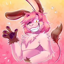 anthro brown_hands fangs fur hair heart_symbol looking_at_viewer male monotone_hair multicolored_body multicolored_fur nude open_mouth pattern_background pawpads pink_body pink_fur pink_hair simple_background smile solo star star-shaped_background star_polygon tail teeth yellow_eyes darkolynx lagomorph leporid mammal rabbit 1:1 digital_media_(artwork) hi_res