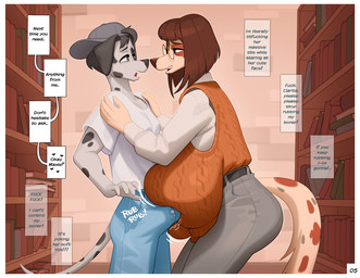 anthro baseball_cap big_breasts black_body black_fur black_hair breasts brown_hair clothing dialogue duo erection erection_under_clothing eye_contact eyewear female fur glasses hair hat headgear headwear huge_breasts looking_at_another male male/female multicolored_body multicolored_fur orange_clothing orange_sweater orange_topwear profanity shirt sweater t-shirt tan_body tan_fur text topwear two_tone_body two_tone_fur wearing_glasses white_body white_clothing white_fur white_shirt white_topwear crackiepipe clarita_(crackiepipe) maxie_(crackiepipe) canid canine canis dalmatian domestic_dog greyhound hunting_dog mammal sighthound 2026 english_text