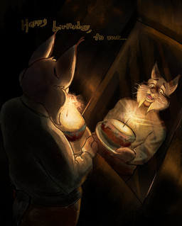 anthro birthday birthday_cake cake clothing dark_lighting dessert food green_clothing green_sweater green_topwear lonely male mirror mirror_reflection open_mouth open_smile reflection smile solo standing sweater talking_to_self topwear upside_dawn dawns_river disney zootopia pawbert_lynxley canada_lynx felid feline lynx mammal hi_res