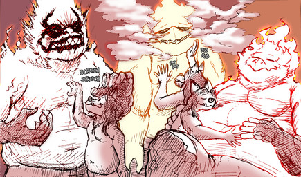 angry anthro belly belly_hug big_belly dot_eyes duo fangs fire frown hair half-closed_eyes hugging_belly long_hair male male/male multicolored_body musclegut muscular narrowed_eyes navel onomatopoeia overweight overweight_anthro overweight_male pecs relaxed_expression relaxing resting_on_belly resting_on_partner rubbing_chin scratches scratching scratching_chest simple_eyes size_difference smile smoke sound_effects teeth text two_tone_body underbite whiskers chopangigante hyke_(hykewolffen) hykewolffen canid canine canis demon elemental_creature fire_creature mammal wolf digital_drawing_(artwork) digital_media_(artwork) hi_res sequence sketch