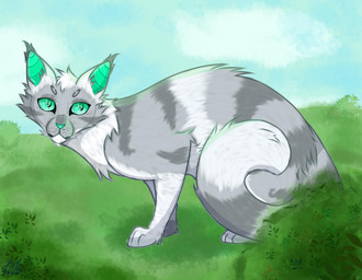 ambiguous_gender blue_sky cloud crouching day dipstick_tail feral fluffy fur grass green_eyes green_inner_ear green_nose grey_body grey_fur markings multicolored_body multicolored_fur plant sky solo tail tail_markings whiskers white_body white_fur white_tail_tip icetailwarrior warriors_(book_series) domestic_cat felid feline felis mammal 2023
