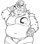 anthro belly clothing eyes_closed kemono male moobs navel nipples overweight overweight_anthro overweight_male simple_background solo underwear white_background aretna lifewonders tokyo_afterschool_summoners hombre_tigre_(tas) felid mammal pantherine tiger 2020 hi_res monochrome