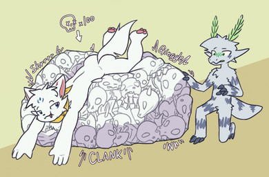 ambiguous_gender antennae_(anatomy) anthro belly big_belly biped blush bone death_count duo duo_focus fatal_vore group huge_belly hyper hyper_belly mass_vore multiple_prey onomatopoeia pawpads prey_count skull sound_effects tail text vore accadurosoce muth_(accadurosoce) arthropod domestic_cat felid feline felis insect lepidopteran mammal moth 2025 colored hi_res