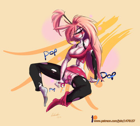 bite biting_lip biting_own_lip boots bottomwear breasts clothed clothing female footwear hair legwear no_underwear not_furry one_boot_on penetration ponytail self_bite shoes skirt socks solo text thigh_highs torn_clothing toy upskirt vaginal vaginal_penetration artblush hazbin_hotel hellaverse cherri_bomb_(hazbin_hotel) cyclops demon hi_res url