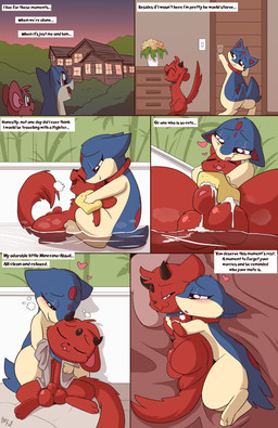 animal_genitalia anus balls bathing blue_body blue_fur blush duo eyes_closed female feral fur genitals heart_symbol horn male male/female multicolored_body multicolored_fur narrowed_eyes open_mouth penis penis_tip red_body red_eyes red_fur romantic romantic_ambiance sheath speech_bubble sponge tan_body tan_fur text tongue vulva fuf fakemon nintendo pokemon alister_(lightsoul) basil_(lightsoul) absol generation_2_pokemon generation_3_pokemon generation_5_pokemon hybrid minccino pokemon_(species) quilava 2020 absurd_res comic digital_media_(artwork) english_text hi_res multiple_scenes shaded